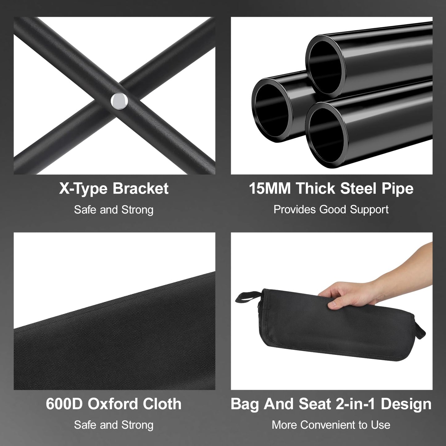 DZ Duozhan Portable Camping Stool - Foldable Backpack Stool 13" with 260lb Capacity, Lightweight Collapsible Stool with Carry Bag & Adjustable Strap for Hiking, Fishing, Beach Outdoor (Black)