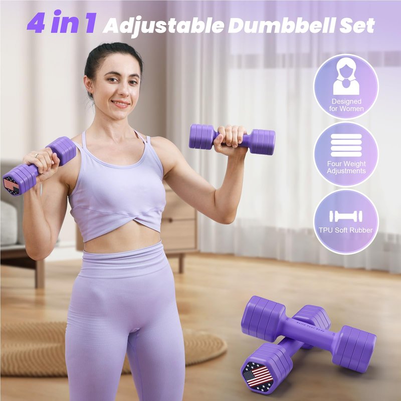 Zempox Adjustable Dumbbell Set of 2, 4 in 1 Hand Weights for Women at Home, 5 lb Weights Dumbbells set of 2, Each 2lb 3lb 4lb 5lb with TPU Soft Rubber Handle for Home Gym Exercise Training, Purple