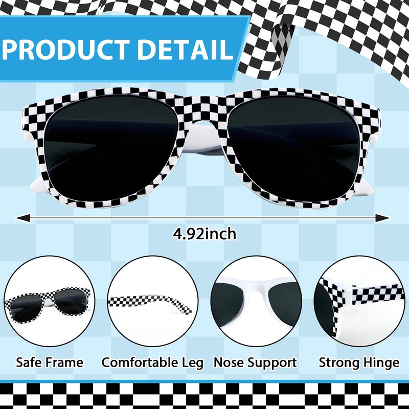 6 Pack Race Car Checkered Sunglasses White Black Frame Checker Sunglasses Bulk for Race car Party Favors Essentials & Gear Up With Hot Car Plastic Glasses for Racing Theme Birthday Supplies Gifts