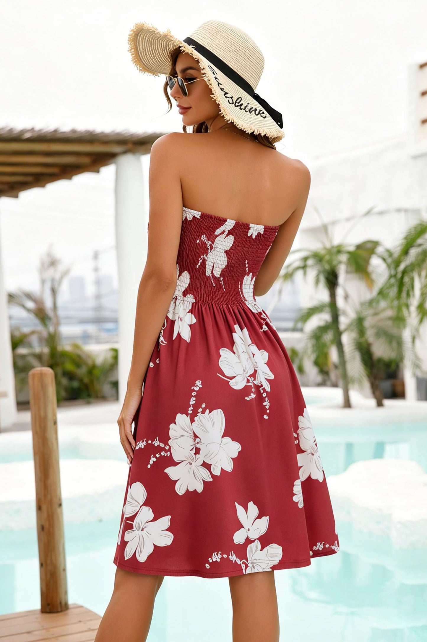 Sundresses for Women Casual Beach Summer Strapless Coverups Tube Tops Off The Shouder Dresses (WineRed,M)