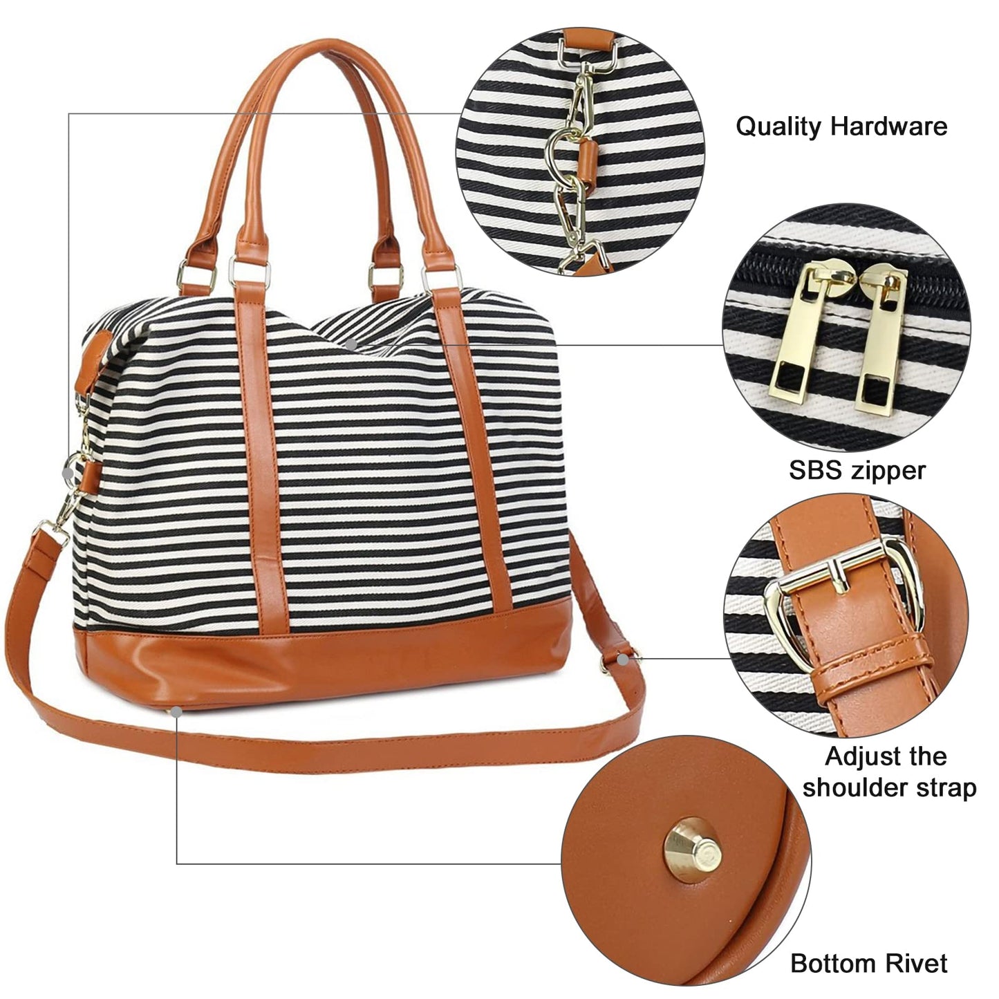 CAMTOP Women Ladies Travel Bag Canvas Weekend Overnight Carry On Luggage Bags(Black and White Stripe)