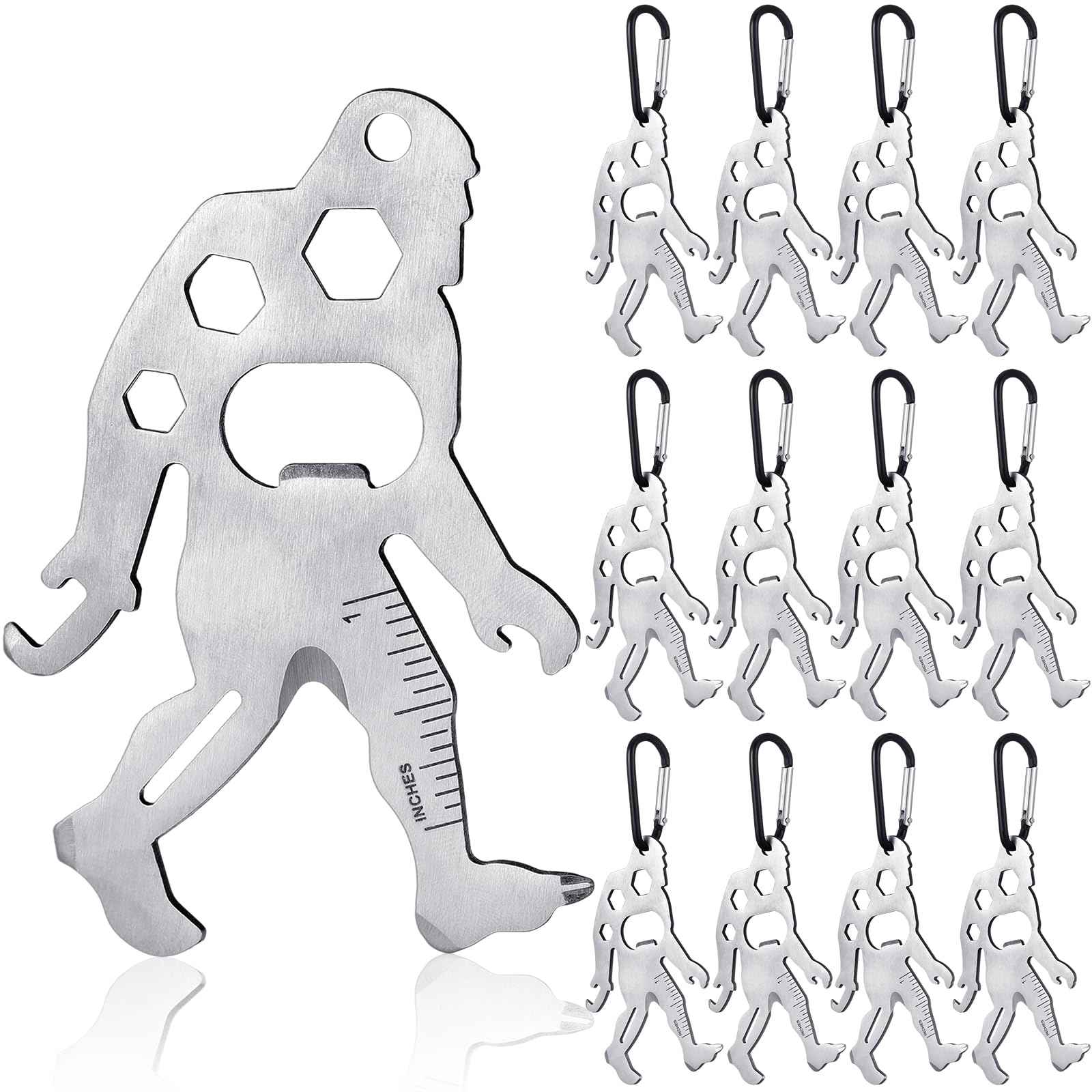 Cholemy 12 Pcs Credit Card Tool Novelty Christmas Stocking Stuffer Wallet Multitool Edc Gadget Friendship Bigfoot Sasquatch Elephant Gift Small Hand Carabiners Tool for Men Birthday(Ape-man,Silver)