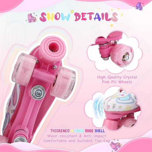 jessie Girl Roller Skates for Kid, PU Leather Flash Rainbow Adjustable Roller Skates Girls Ages 5-12 Four-Wheel Beginner Adult Indoor Outdoor (White,32)