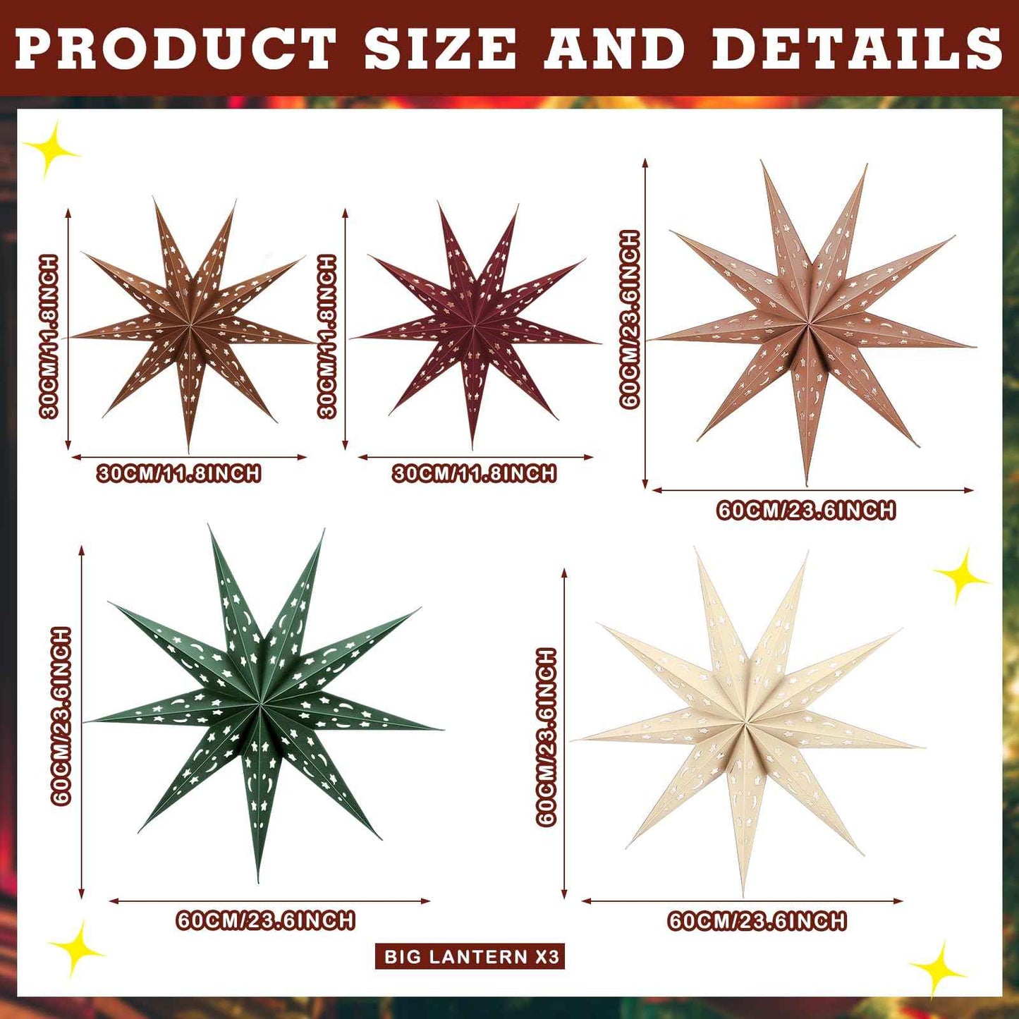 Fullhawl 5 Set 3D Paper Star Lantern - 9 Pointed Hanging Star Lampshade for Xmas Wedding Birthday Party Decor(Brown, Green, Beige, Red, 24 Inch)