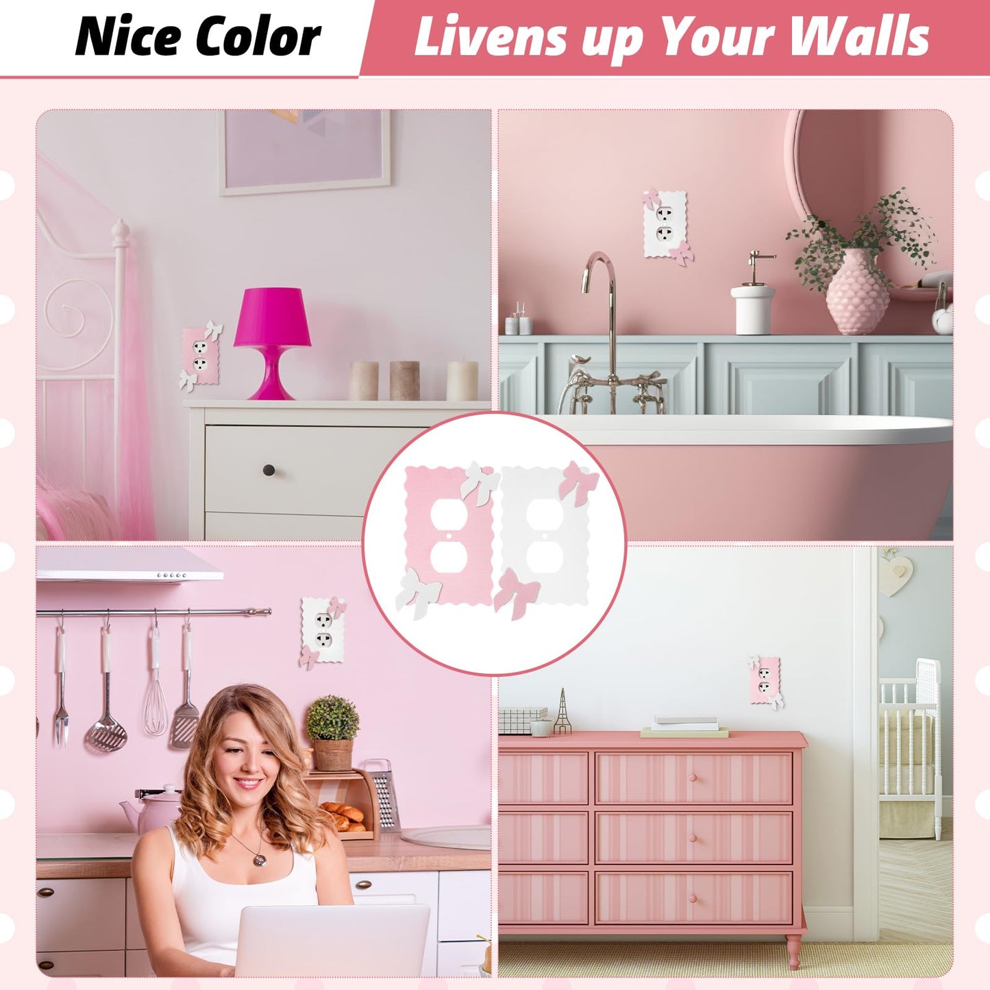 Relaxweex 2 Pcs Pink and white Duplex Outlet Covers Wall Plate Room Decor Metal Pink and White Cute Decorative Outlet Cover for Bedroom Home Decor(Bow)