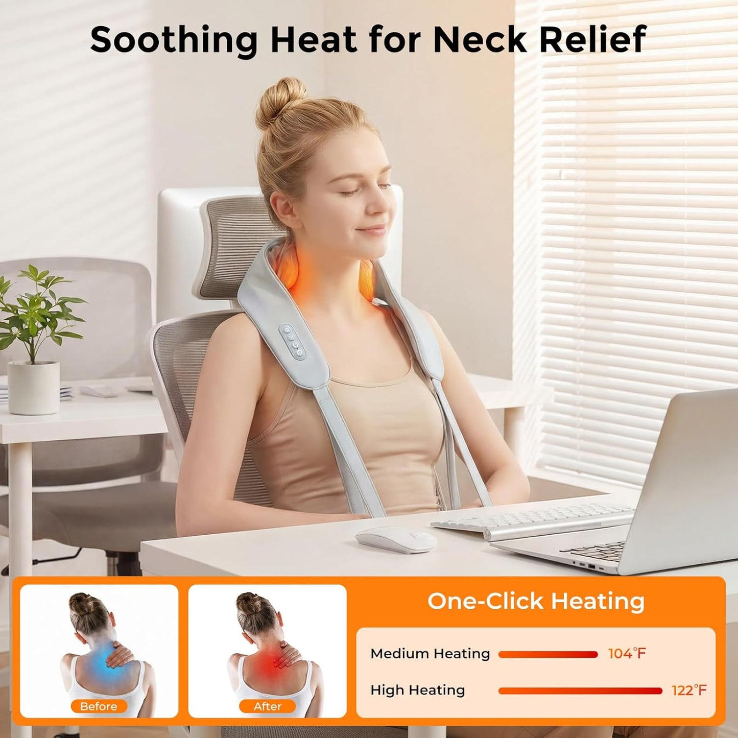 Skiennix Neck Massager - Shiatsu Heat Therapy for Pain Relief | 6D Deep Tissue Kneading, Portable Gray Design