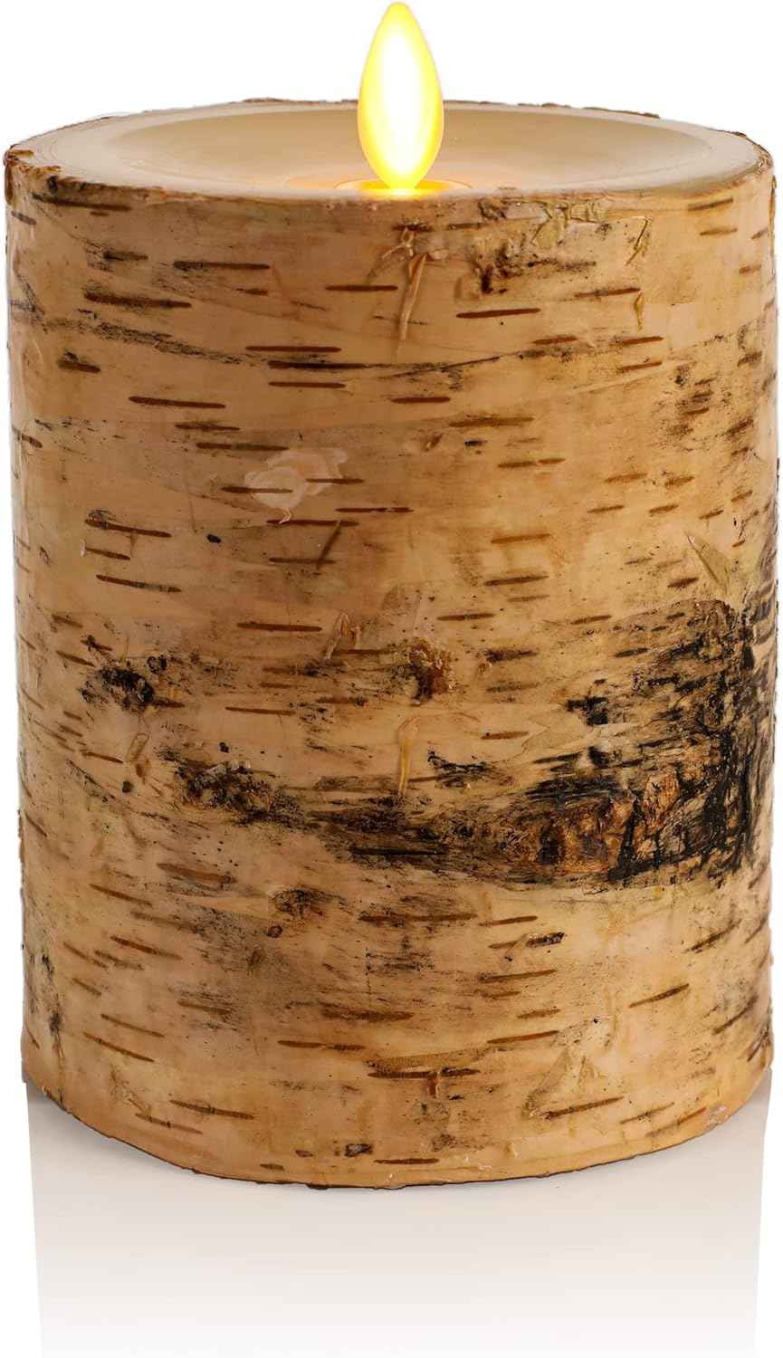 Realistic Moving Flame LED Pillar Candle with Birch Bark - Battery Operated, Remote Ready, 4x7