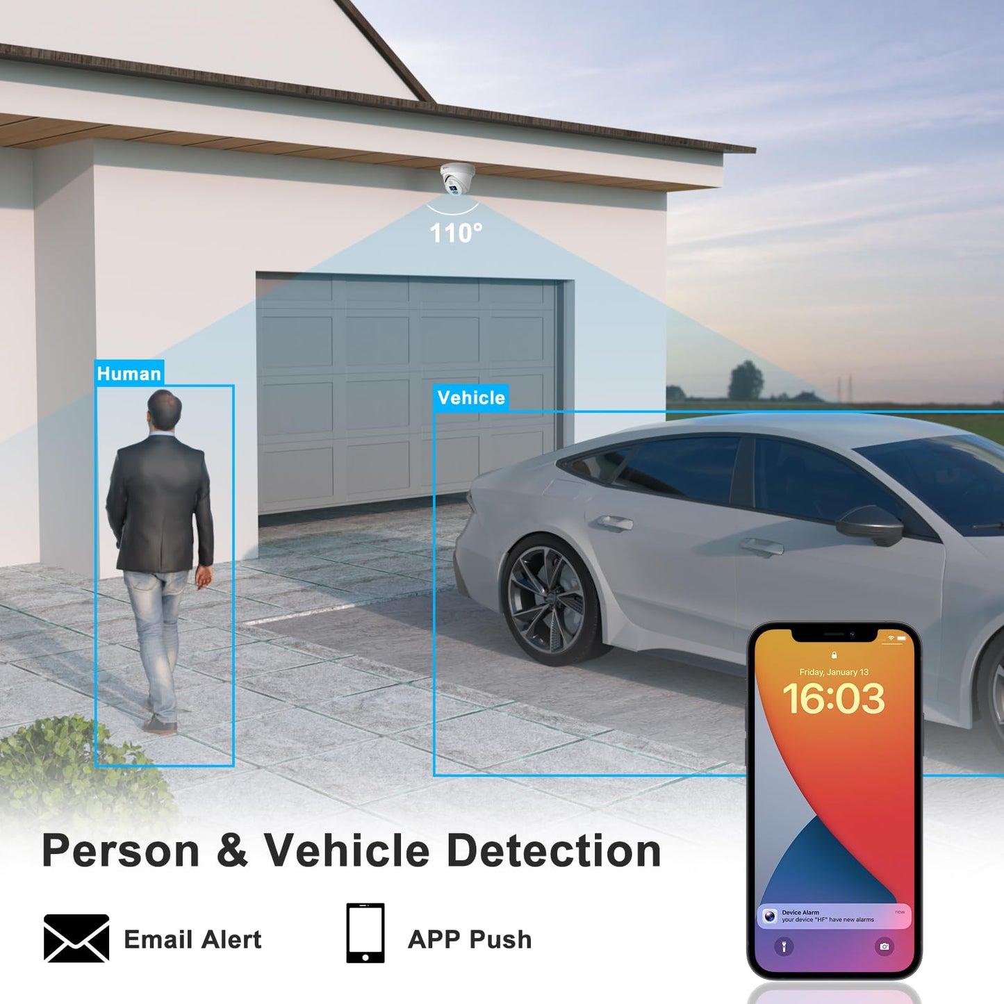 Anpviz 4K POE IP Camera, 8MP(3840x2160) POE Turret Surveillance Security Camera Outdoor with Human/Vehicle Detection, 100ft Smart Color Night Vision, Up to 256GB SD Card, Built in Mic (U Series)