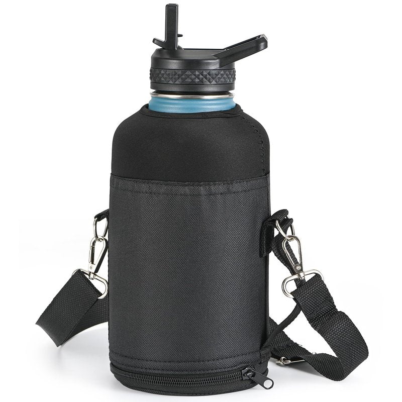 RAYMYLO Water Bottle Holder Carrier Bag Crossbody with Adjustable Shoulder Strap, 64 128 oz Sports Water Bottle Sleeve Accessories for Biking Hiking Travelling Camping, Black