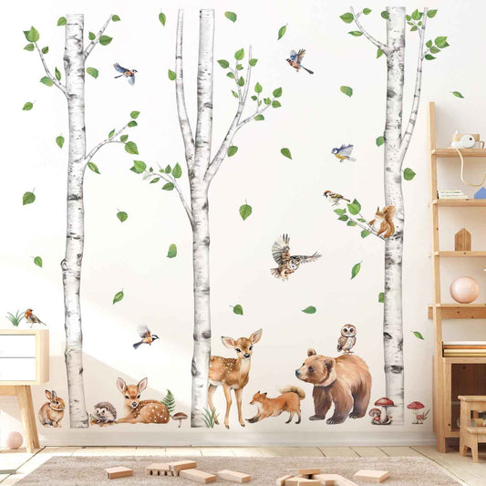 wondever Large Birch Tree Animals Wall Stickers Forest Owl Fox Bear Deer Peel and Stick Wall Art Decals for Baby Nursery Kids Bedroom Living Room