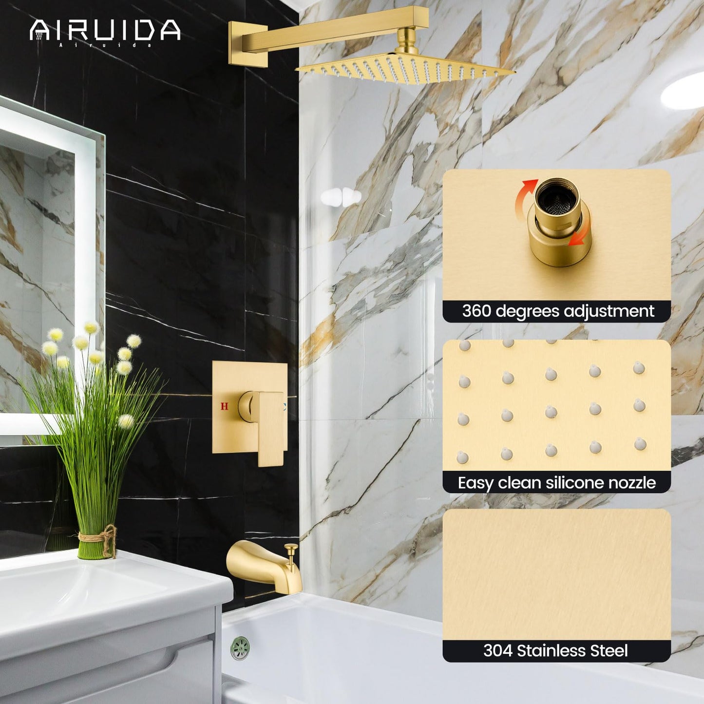 Airuida Bathtub Shower Faucet Set with Tub Spout Faucet Kit and 8 Inch Square Rainfall Showerhead Modern Complete Tub Shower Trim Kit with Solid Brass Rough-in Valve Brushed Gold