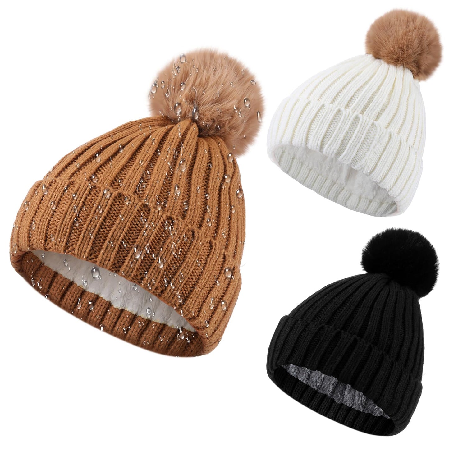 Silicherry 3 Pcs Waterproof Women Winter Pompom Beanie Hat Fleece Lined Warm Hat Thermal Waterproof Windproof Knit Skull Cap Beanie for Women Skiing Cold Weather