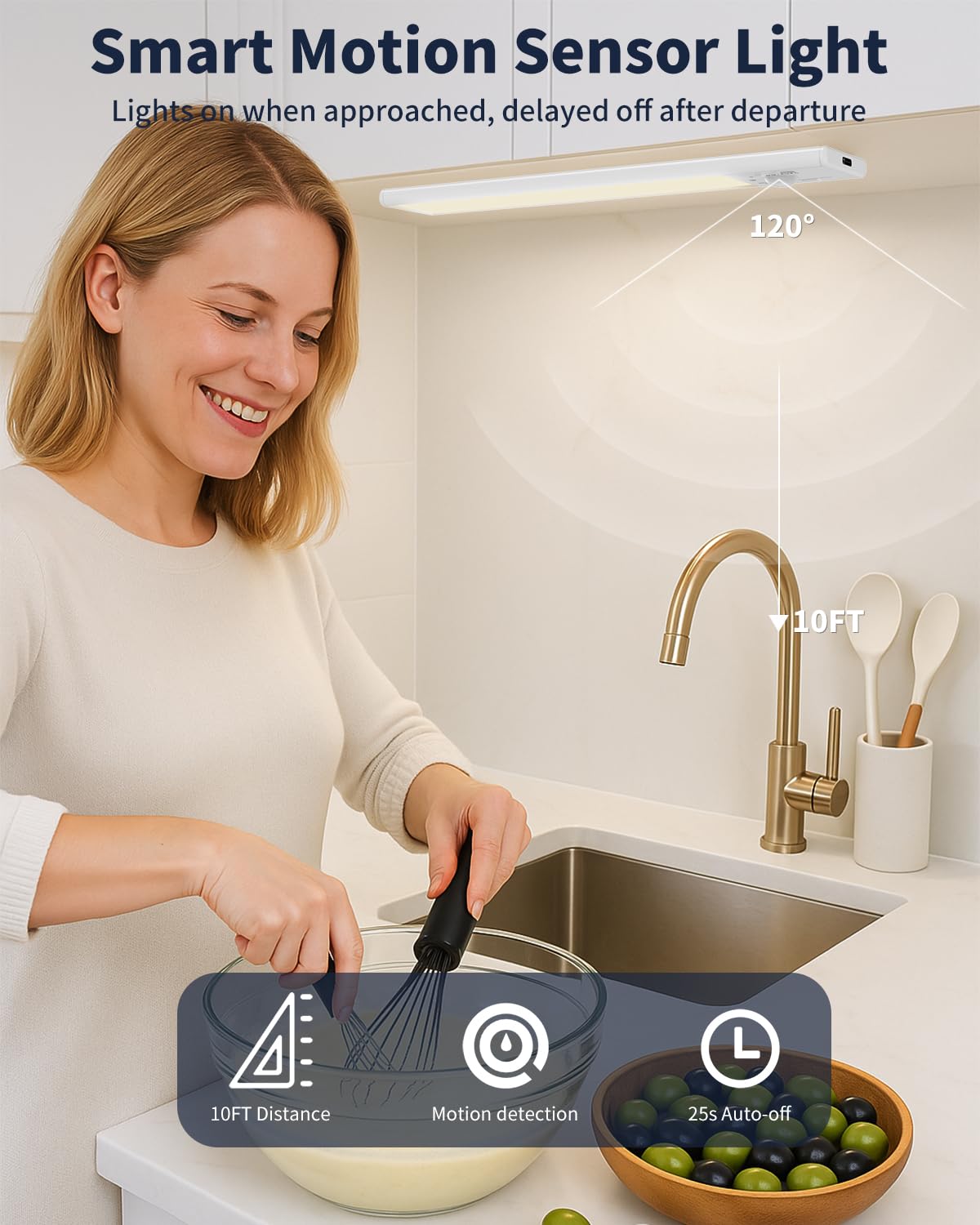 FBY Under Cabinet Lighting,1800mAh USB Rechargeable Closet Light, 8-Inch LED Motion Sensor Indoor, 3-Level Adjustable Brightness and 3 Color Temperature Options (3Pack)