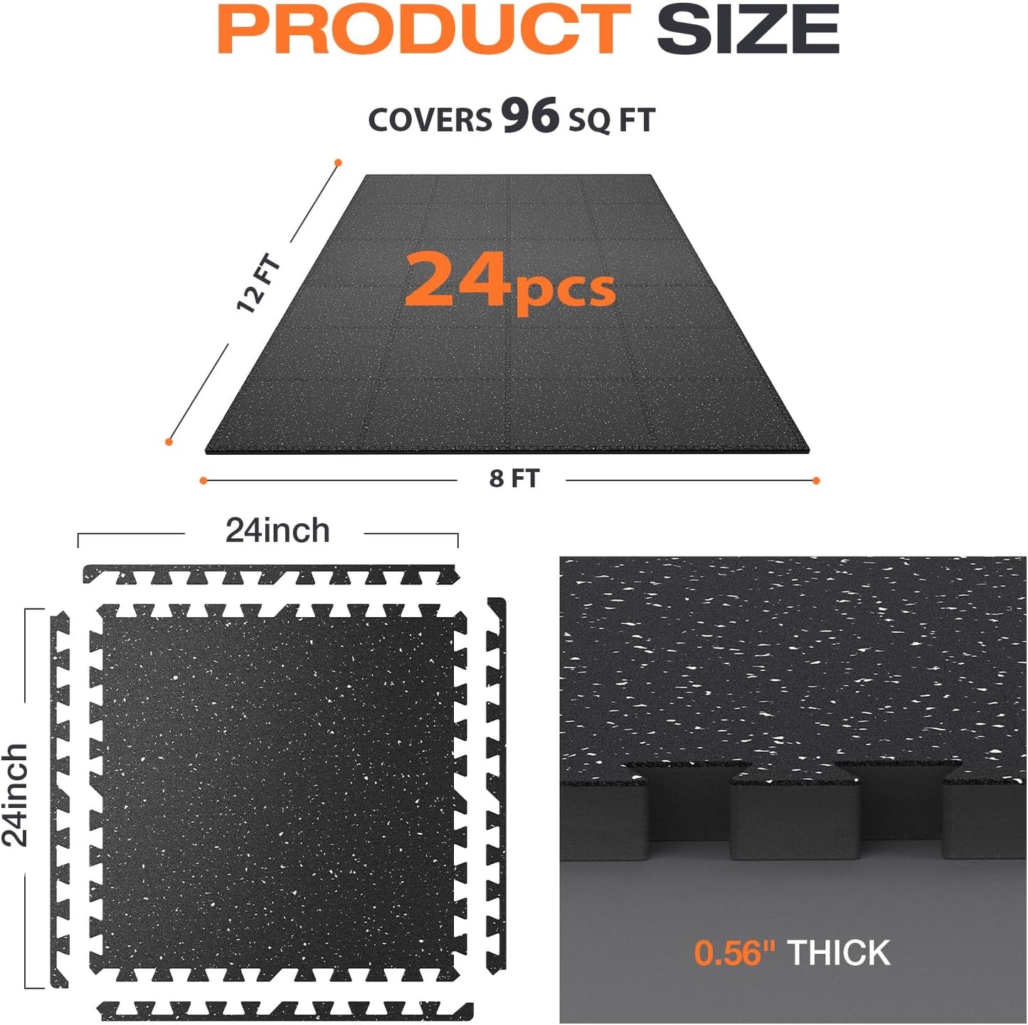 Skiennix Non-Slip Rubber Top Exercise Mats - 24 Pcs, 96 Sq Ft High Density EVA Foam, Black