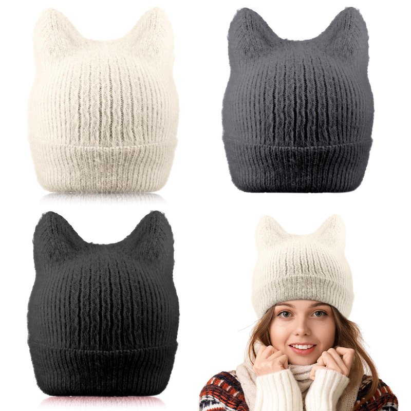 Silicherry 3 Pack Winter Cat Ear Knit Beanie Hats for Women, Soft Warm Slouchy Beanies, Stretchy Cuffed Caps for Adults(Black,Grey,White)