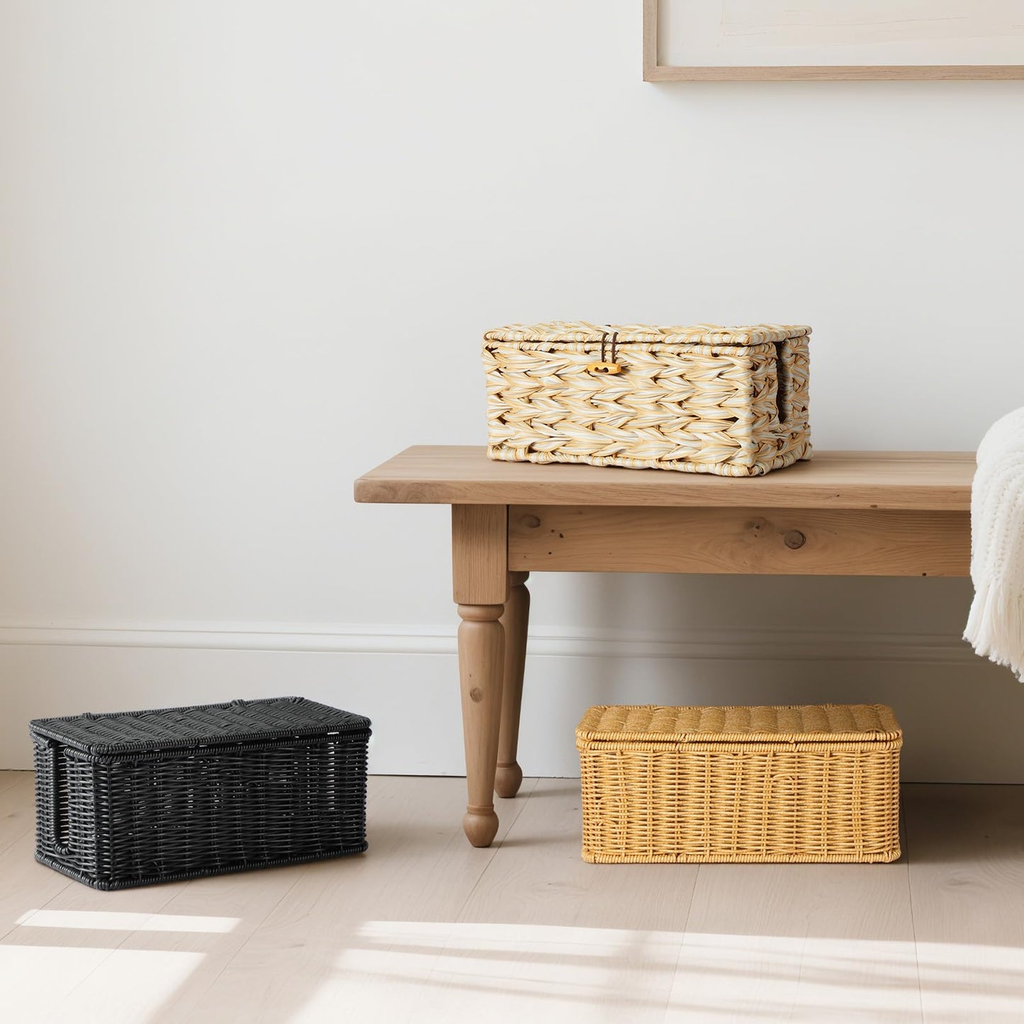 Delamu Handmade Synthetic Rattan Cable Management Box, Flat Weave Desk Organizer with Wire Management, Multi Purpose Cord Hider Box, 12.5" Lx 5.3" Wx 5.3" H, Natural & White