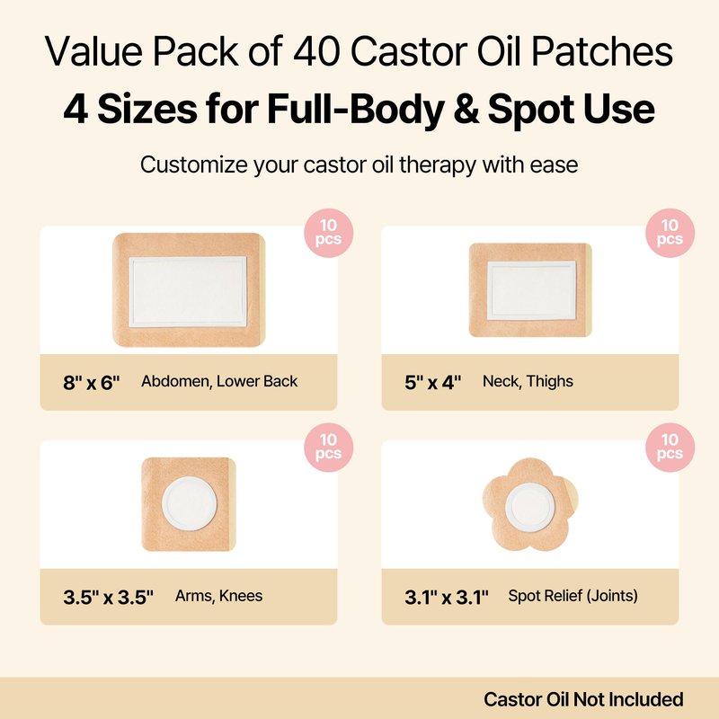 awwawe Castor Oil Pack Wrap (40 Count), 4 Sizes, Disposable Cotton Patches, Leak-Proof, Skin-Friendly and Breathable, for Belly, Joints and Body Care (Oil Not Included)