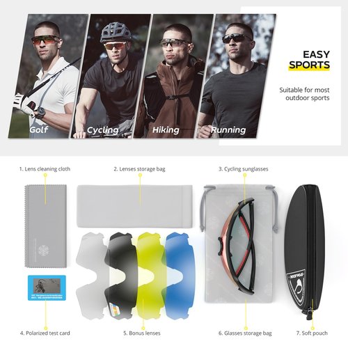 HUBO SPORTS Sports Sunglasses for Men Women with 5 Interchangeable Lenses, Polarized Cycling Sunglasses with Anti-Uv400 for Driving Fishing Golf