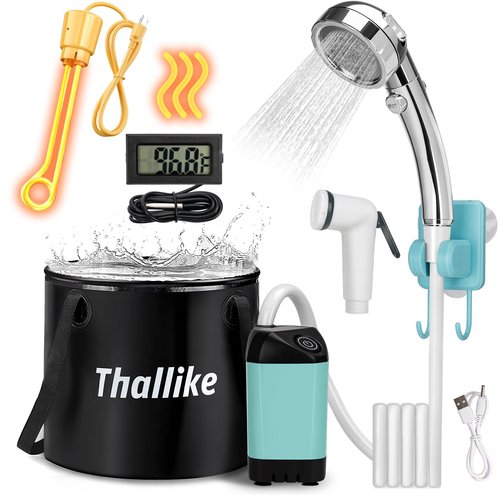 Thallike Portable Shower for Camping with Immersion Water Heater, Rechargeable Camping Shower Pump, Outdoor Hot Shower with 6.6 Gallons Folding Bucket for Camping, Hiking, Traveling, Washing