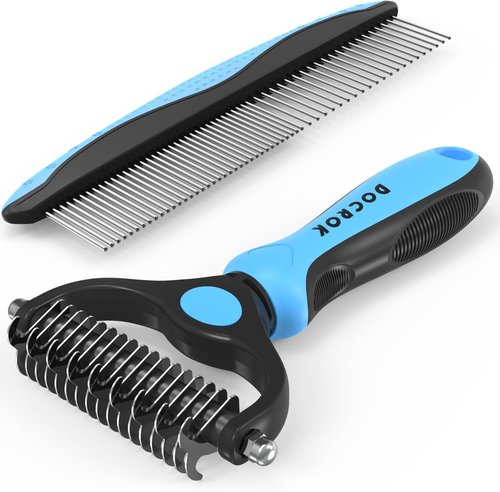 Docrok Pet Grooming Combo - Blue Deshedding Brush & Metal Comb for Long Fur Detangling