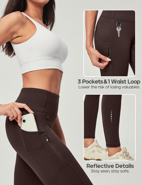 Heathyoga Fleece Lined Leggings Women with Pockets Water Resistant Thermal Leggings Winter Warm Yoga Pants Hiking Running Chocolate Brown