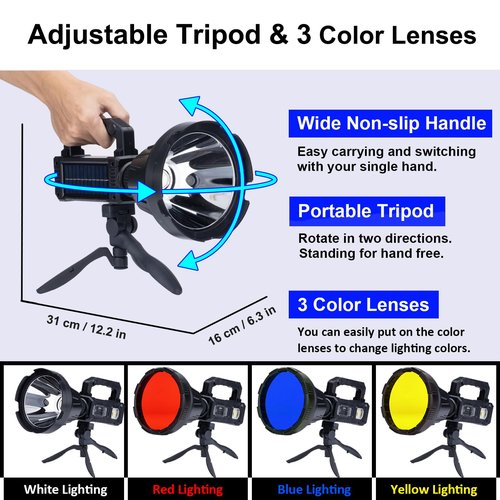 Ewenele Rechargeable Handheld Spotlight, 3,000,000L Super Bright LED Solar & High Powered Spot Light with 6 Modes, 3 Color Lenses, COB Side Light, USB C, Waterproof for Outdoor Emergency Hunting