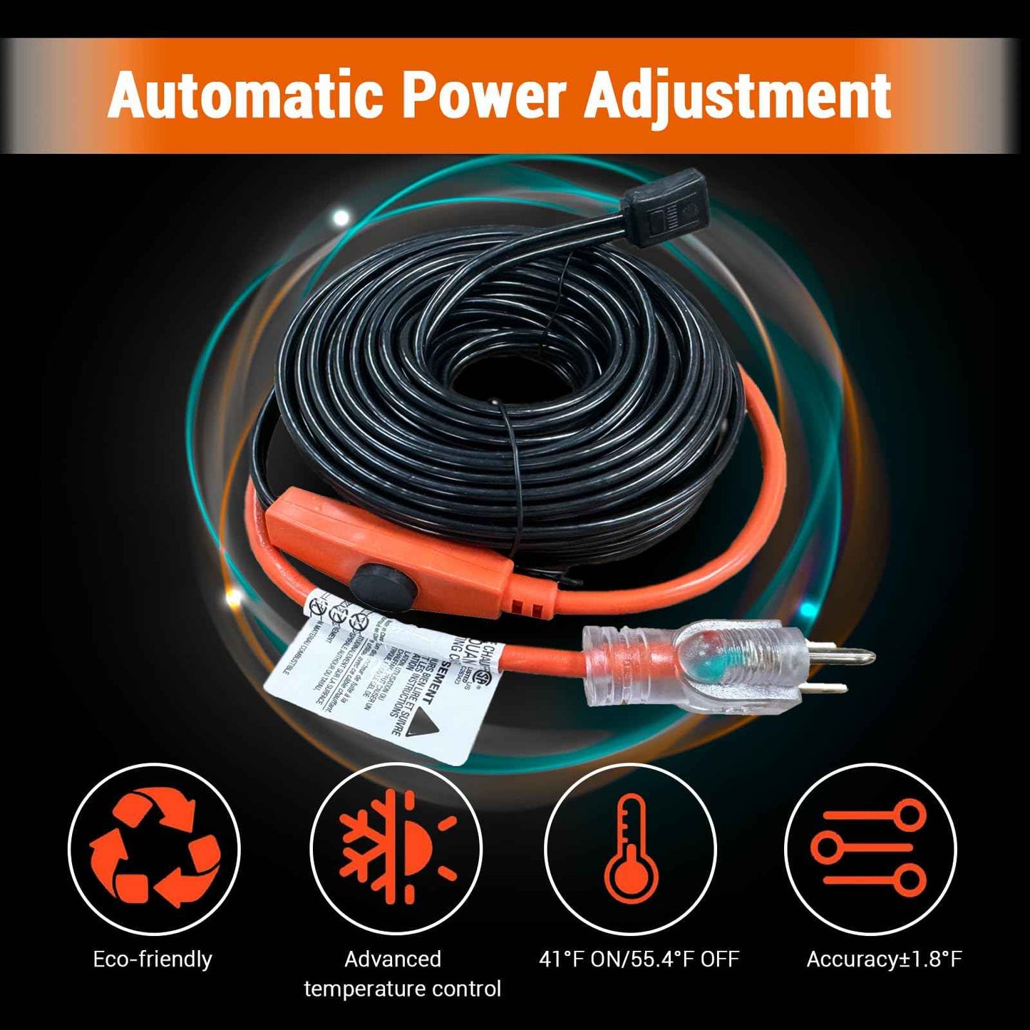 12FT Pipe Heat Tape and Heat Cable with Built-in Thermostat, Easy Install, Prevents Freezing for Metal and Plastic Pipes, Keeps Water Flowing at -40°F, 7W/ft, 120V