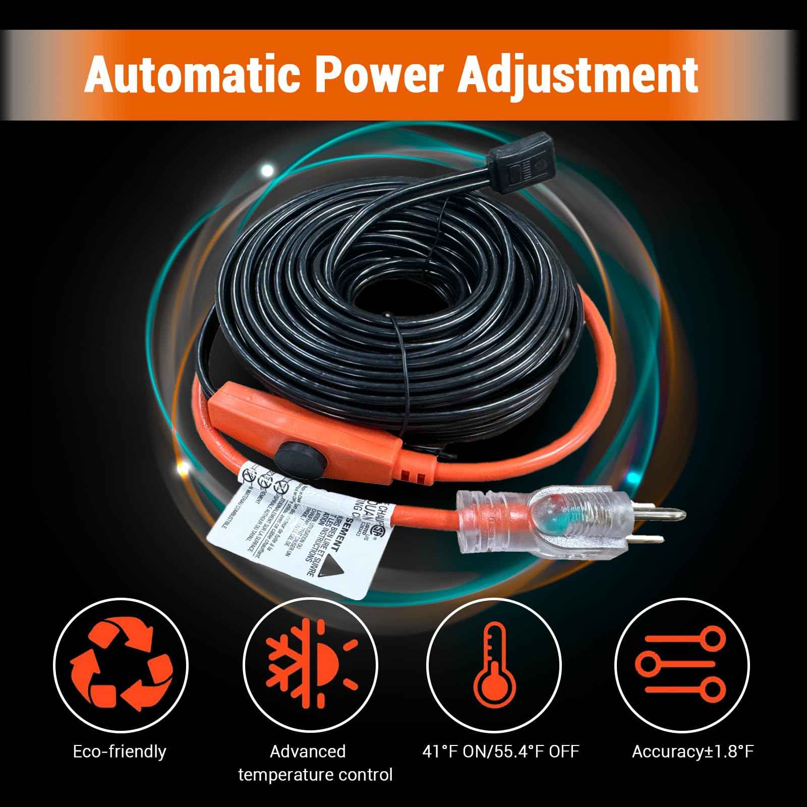 12FT Pipe Heat Tape and Heat Cable with Built-in Thermostat, Easy Install, Prevents Freezing for Metal and Plastic Pipes, Keeps Water Flowing at -40°F, 7W/ft, 120V