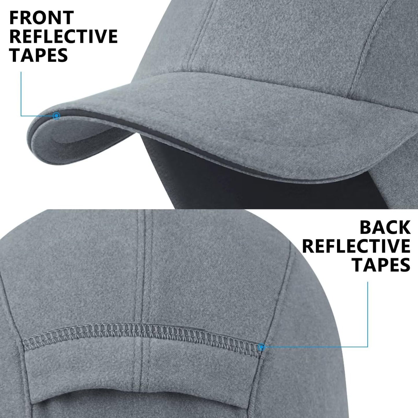 GADIEMKENSD Winter Fleece Hats Reflective Ponytail Hat for Women Ball Caps with Earflap Drop Down Ear Warmer Mens Skull Cap Beanie with Visor Cold Hat for Outdoor Hiking Running Snow Ski Light Gray