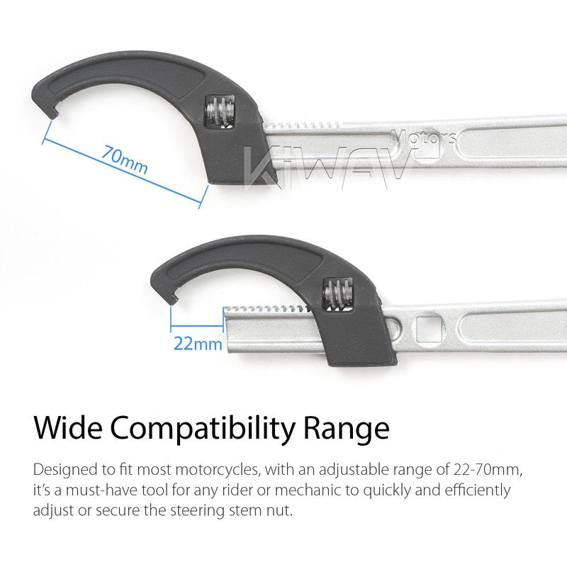 KiWAV Adjustable Steering Stem Wrench 22-75MM – Universal 2-in-1 Spanner with 3/8 Torque Wrench Drive Cutout – Durable Alloy Steel, Rust-Resistant Motorcycle Tool