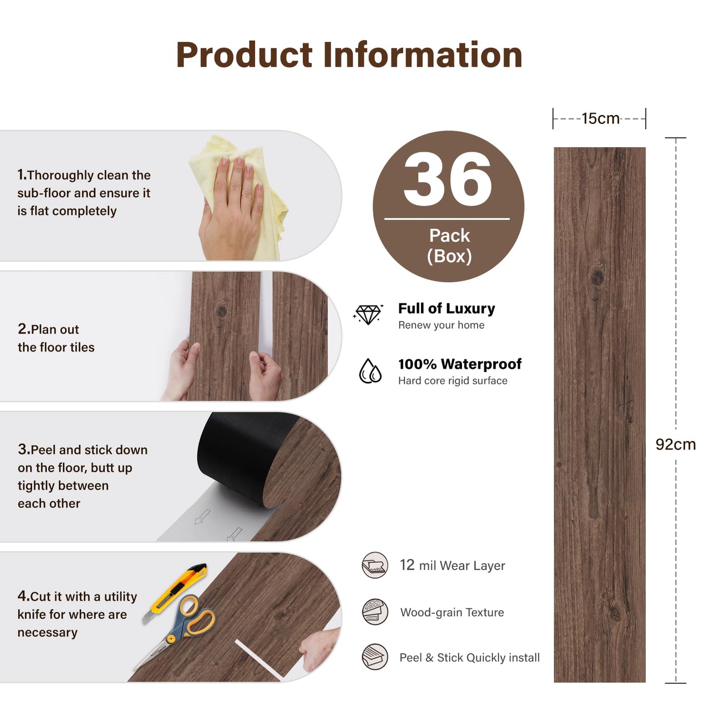 Peel and Stick Floor Tile, INMOZATA 36-Pack 54 Sq.Ft Self Adhesive Vinyl Plank Flooring Wood Grain Look 36x6 Inch Waterproof Tile Sticker for Bedroom, Living Room, Kitchen, RV (Natural Walnut)