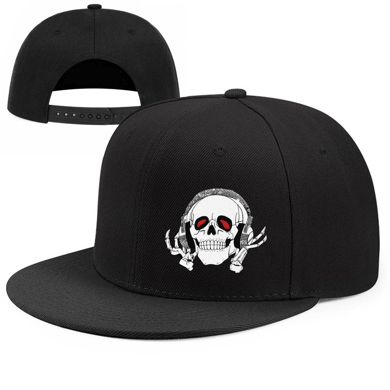 Music Skull Hats for Men Flat Bill Baseball Cap Black Snapback Hat for Women Flat Brim Hip-hop Baseball Hats for Men Cool Rock Skeleton Trucker Hat Adjustable Teen Boys Cap for Skateboard