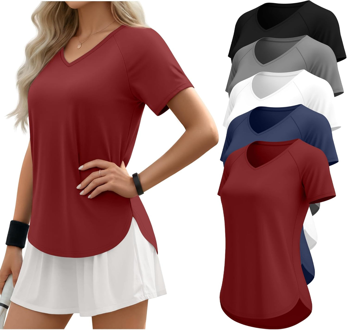 Skiennix Women's Quick-Dry Workout T-Shirts - UPF 50+ Sun Protection | V-Neck, Side Slits, Curved Hem - 5 Pack