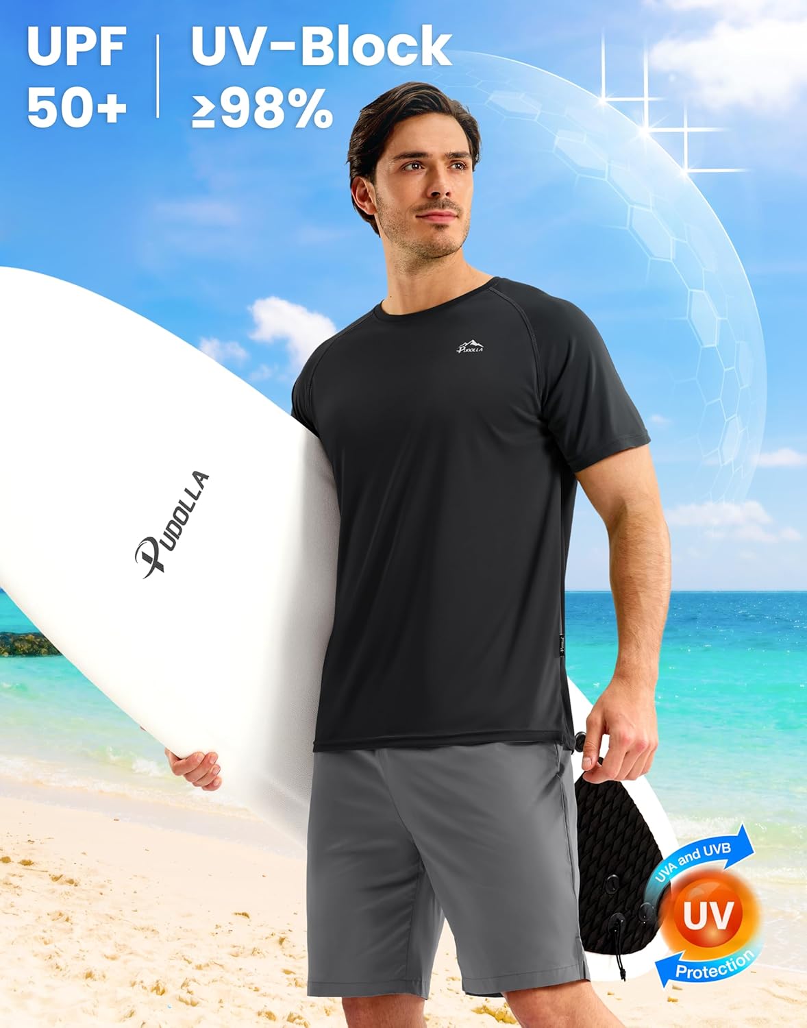 Pudolla Men's Rashguard Swim Shirt - UPF 50+ Sun Protection | Quick-Dry Lightweight Beach Wear