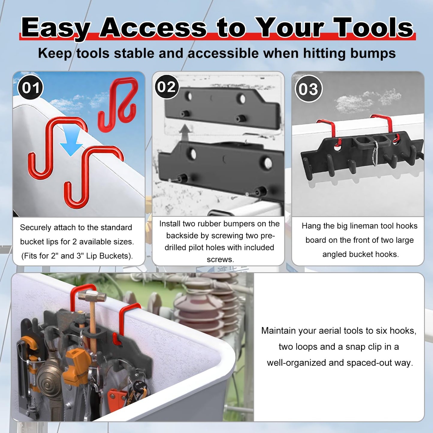 CNQLIS Lineman Tool Board Bucket Truck Tool Organizer for Bucket Hooks and Lineman Bucket Accessories Including 2PCS 2” and 2PCS 3” Aerial Bucket Hooks