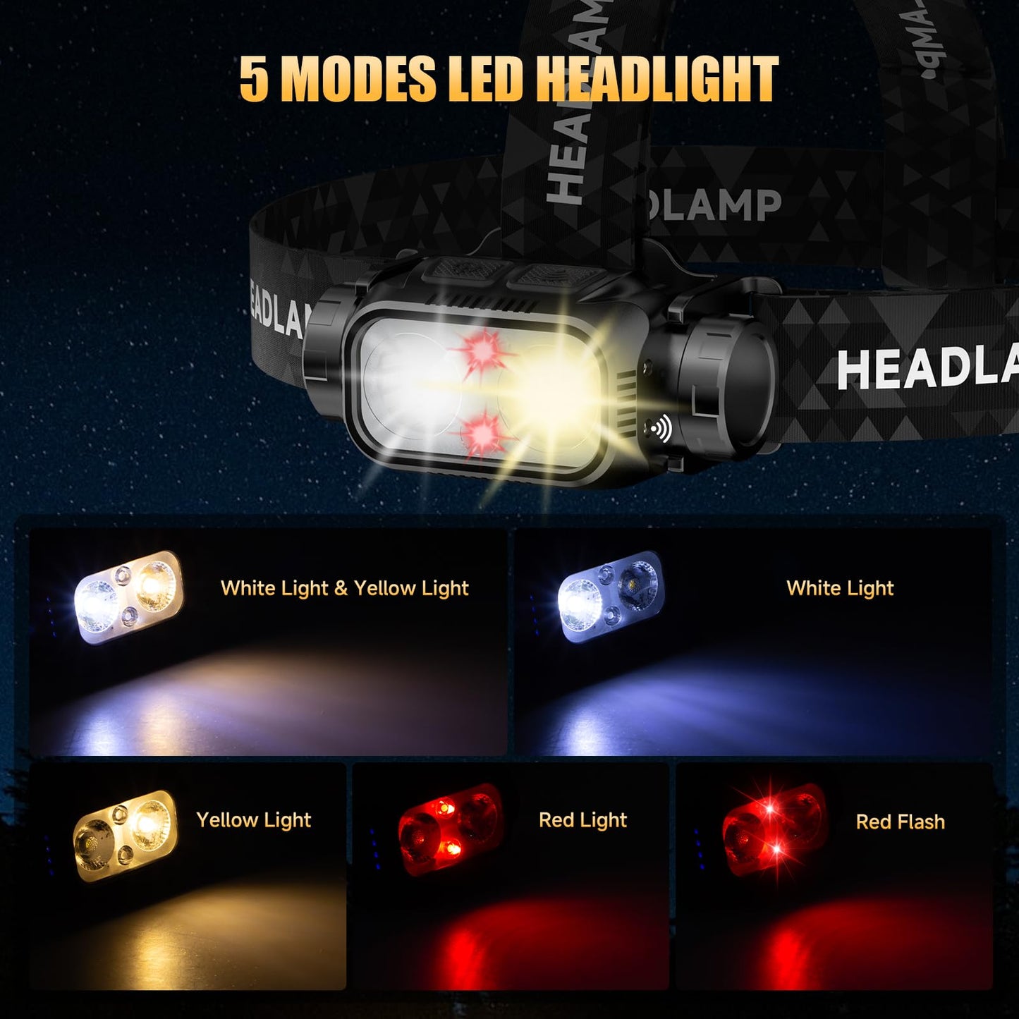 ATDOALL Rechargeable Headlamp for Adults & Hiking, 3 Pack Lightweight & Waterproof Super Bright led Head Lamp with Red Light, Motion Sensor, 5 Modes, 90° Adjustable, Headlamps for Camping, Running