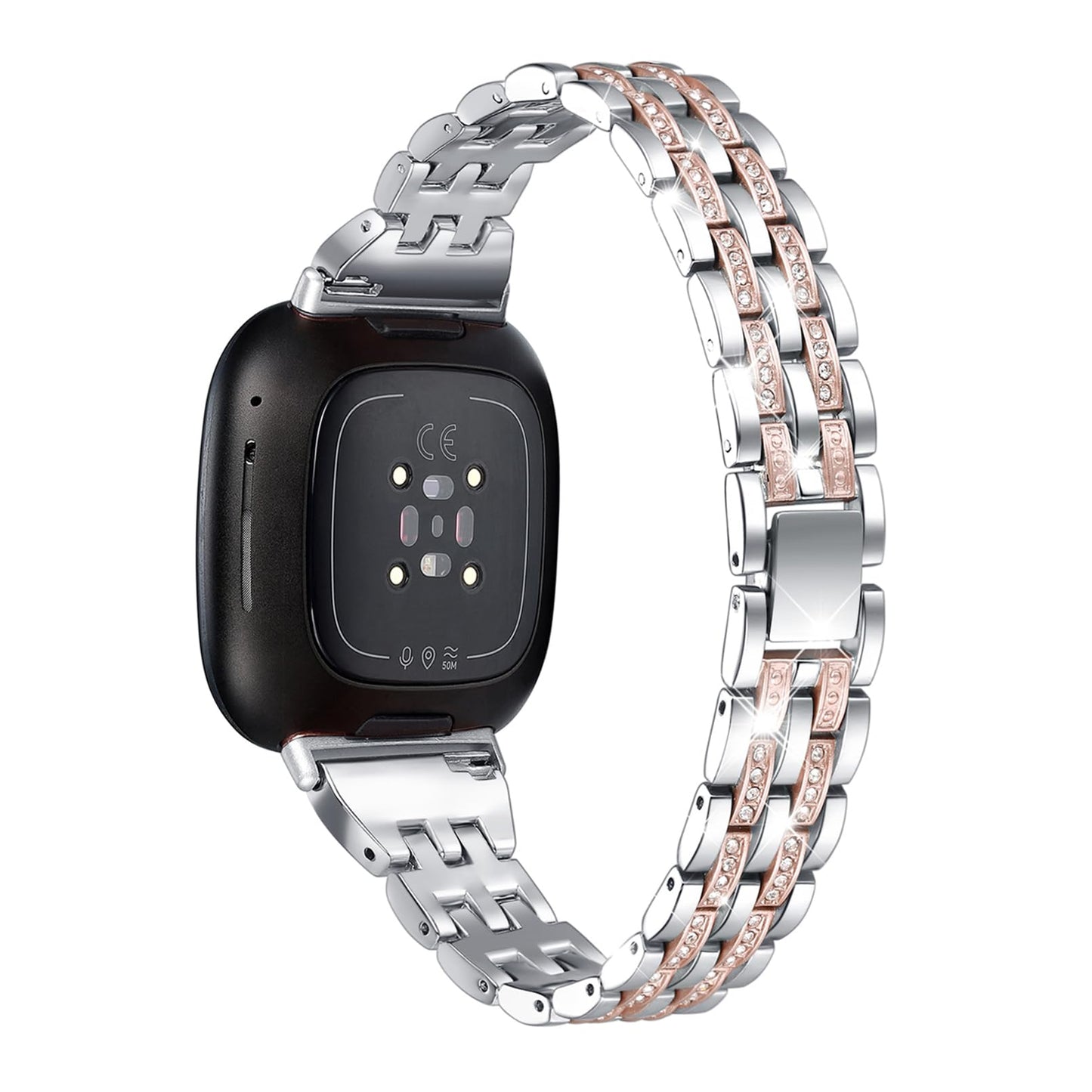 Mtozon Bling Bands Compatible with Fitbit Versa 4/Sense 2/Versa 3/Sense, Women Dressy Slim Bracelet Metal Replacement Wristbands, Silver with Rose Gold
