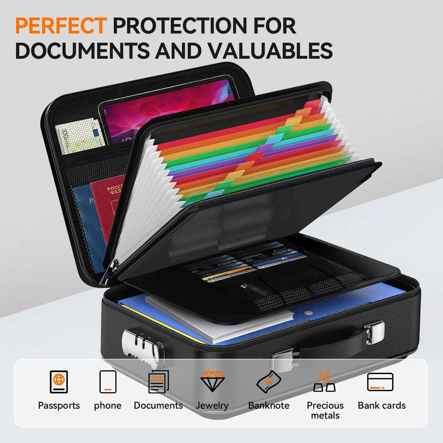 Fireproof Document Box with Lock, Large Hard Fireproof File Organizer Heat Insulated Fireproof Waterproof Box Portable Home Travel Safe Storage for Important Documents Files Laptop Passports Black