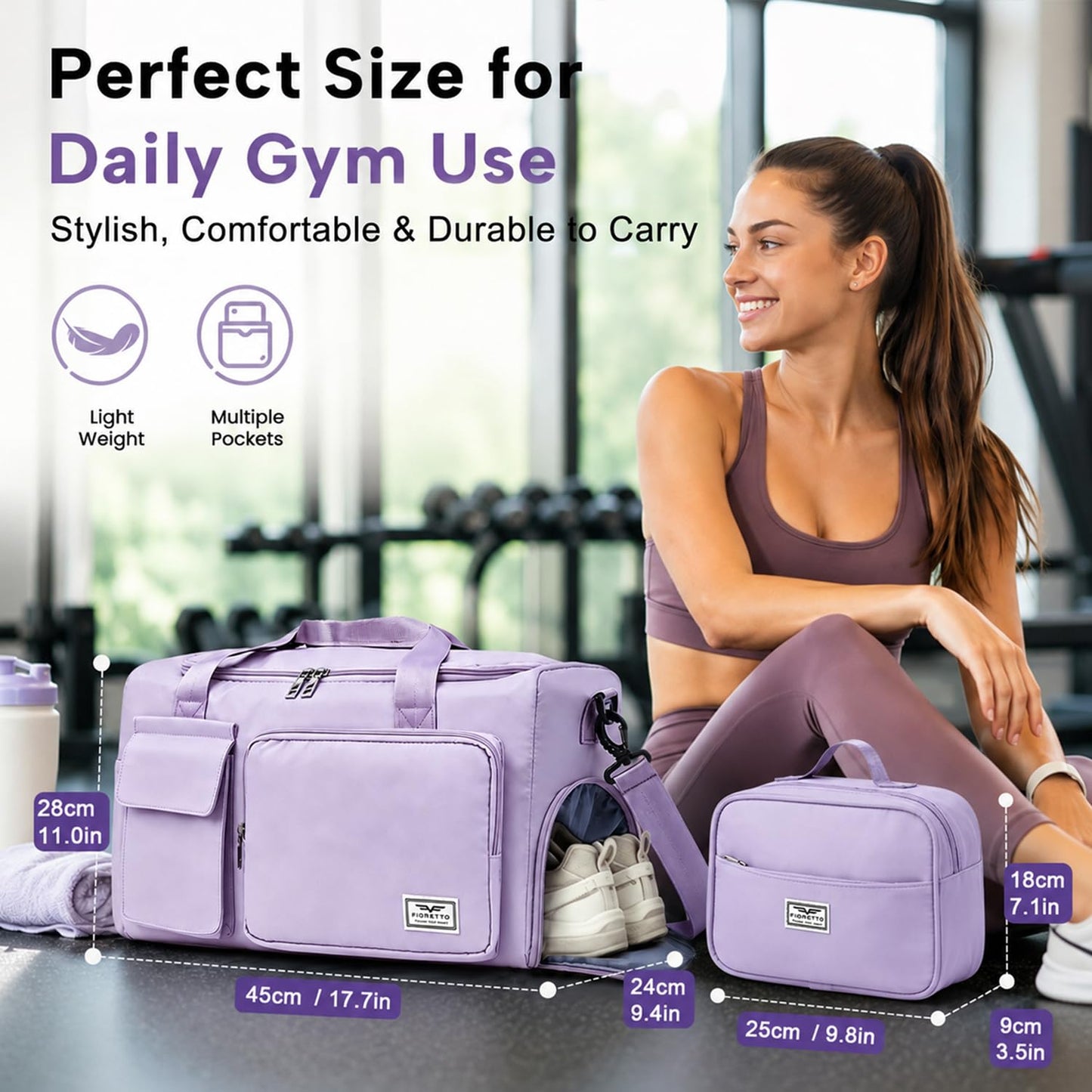 FIORETTO Women's Gym Duffle Bag with Shoes Compartment, 30L Capacity, Ideal for Travel, Gym, Sports, Duffel, Weekender, with Toiletry Bag, Lavender