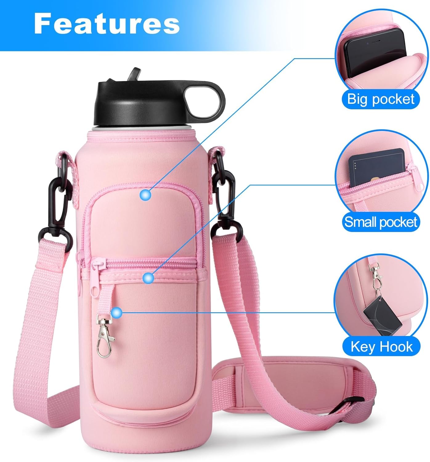 Regine Switzerland Water Bottle Holder - Adjustable Sling Bag with Phone Pocket for Hydroflask 32oz/40oz | Ideal for Hiking & Travel