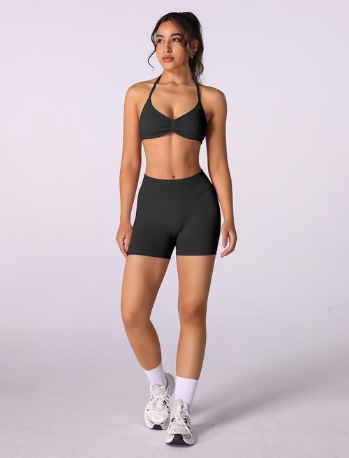 ABOCIW Black Workout Sets Women 2 Piece Seamless Strappy Halter Sports Bra Scrunch Butt Lifting Shorts Active Wear Yoga Outfits #1 Black Small