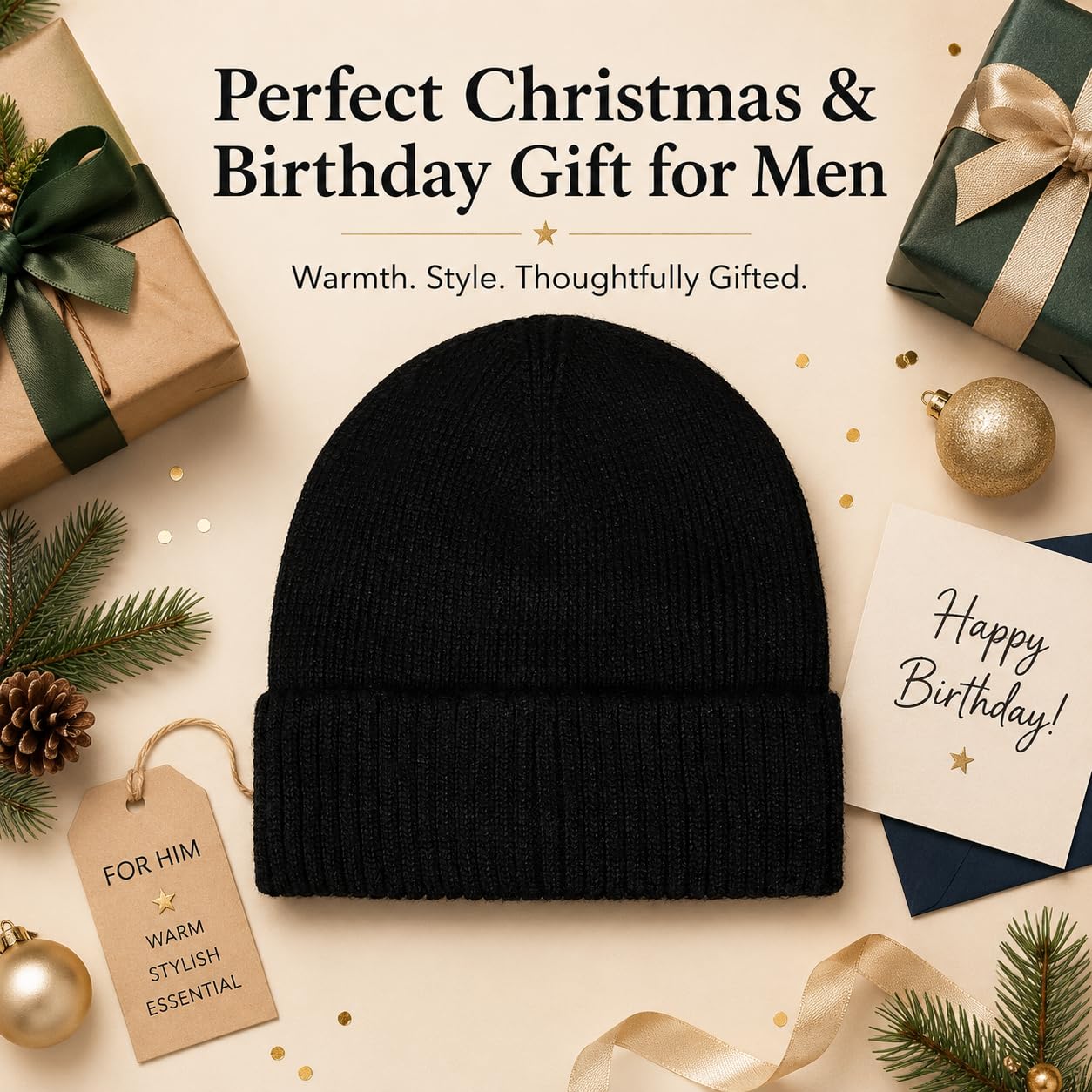 Plus Size Fleece Lined Beanie Hat - M/L/XL/XXL Merino Wool Beanie Hat for Men - Large Winter Hat Ski Skull Cap for Big Heads Black