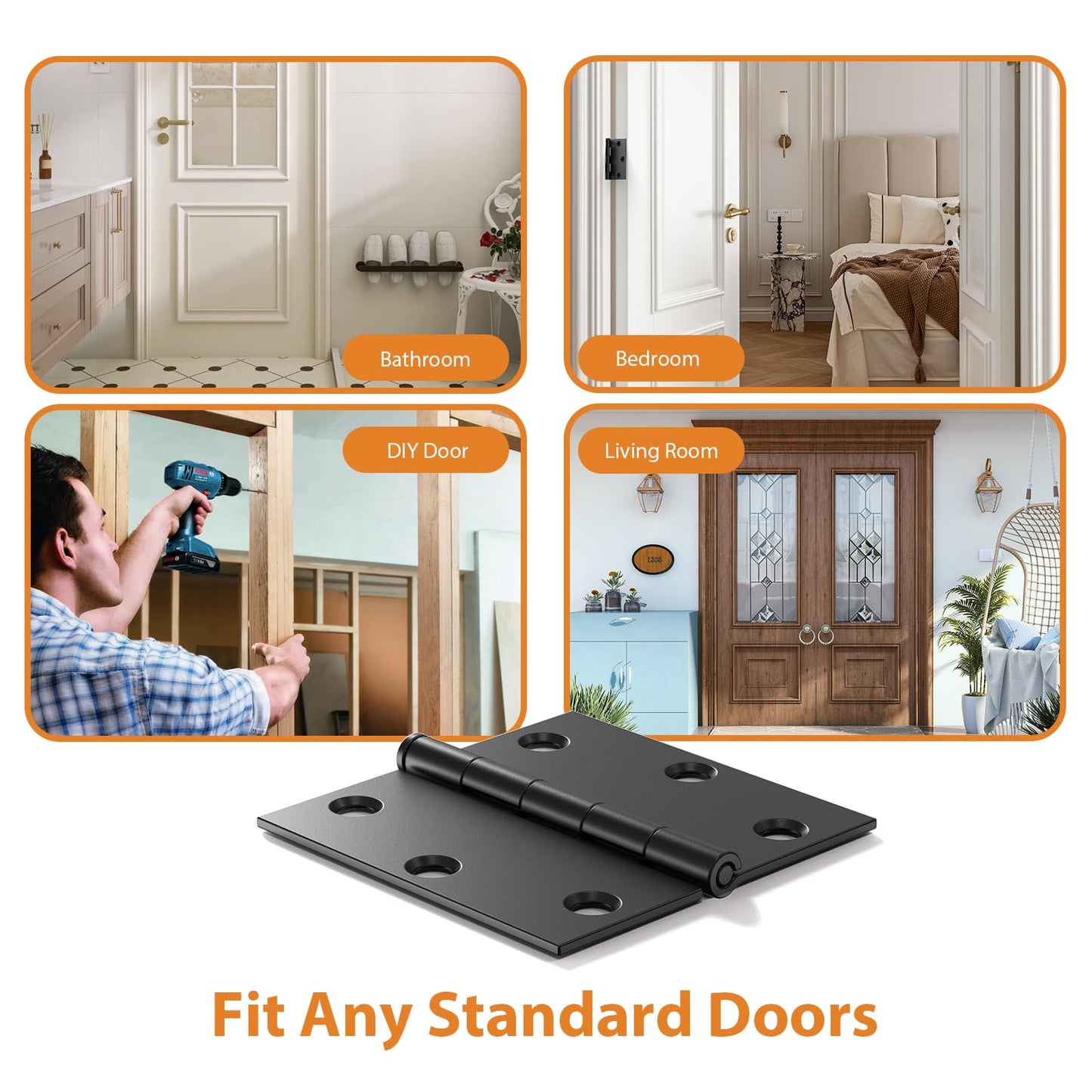 AmzGod 3 Pack 3.5 Inch Matte Black Door Hinges, Interior Hinges with Square Corners, 3 1/2" Black Hardware for Standard Residential Doors