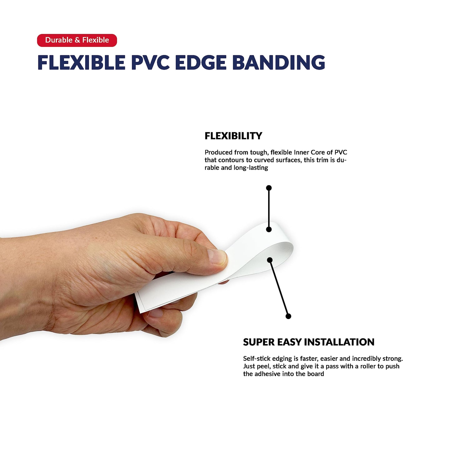 White PVC 3/4 inch x 25 ft Edge Banding Tape Peel Stick Adhesive Edging Veneer Trim Flexible Vinyl Strip Molding MDF Wood Cabinet Laminate Shelf Furniture Countertop Formica Plywood Board Repair