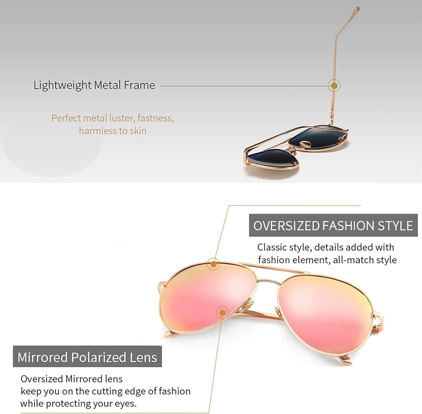 SUNGAIT Women's Aviator Sunglasses - Lightweight Oversized Design with Mirrored Polarized Lenses