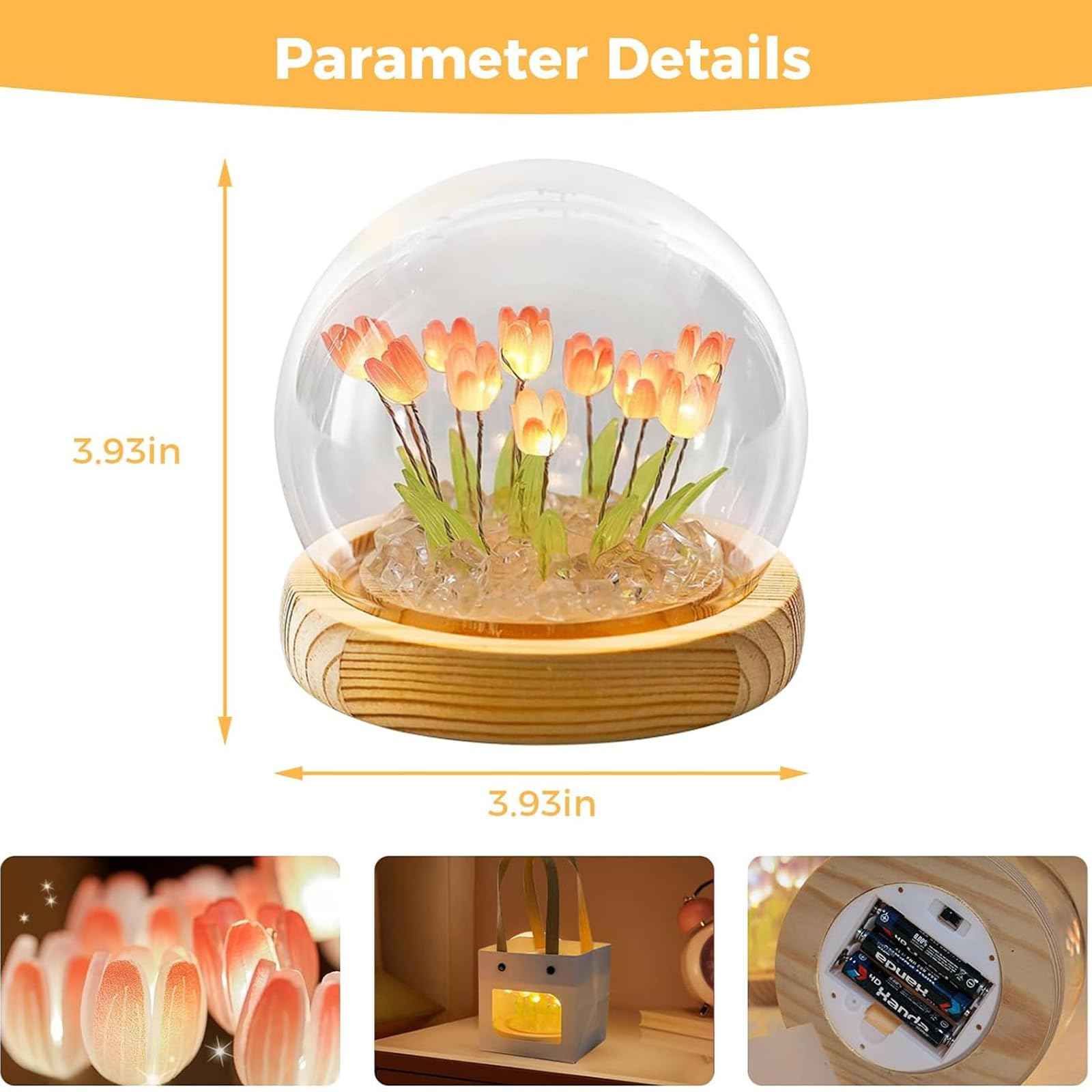Tulip Night Light Cordless, Birthday Flower Gifts for Her - Small Flower Lamp with Glass Cover, Wooden Base and Gift Bag -Cute Romantic Home Decor for Mom, Grandmother, Wife, Girlfriend, Sister, Women