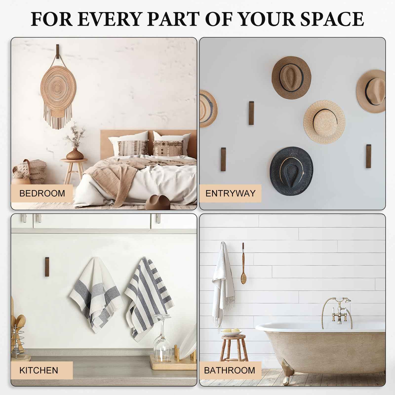 Leinuosen 6 Pack Wood Wall Hooks Walnut Coat Hooks Wall Mounted Bathroom Bedroom Kitchen for Hanging Hat Backpack Bag Jacket Modern Farmhouse Decor for Practical Entryway