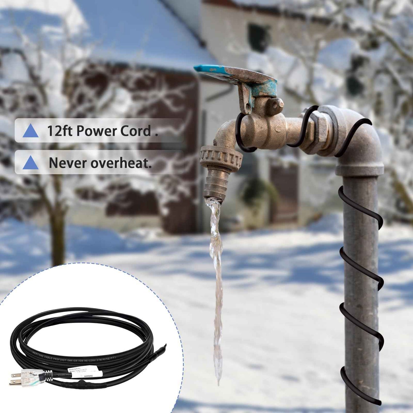 12FT Self-Regulating Pipe Heating Cable with Thermostat,Heat Tape for Water Pipe Freeze Protection,Pipes Heating Trace System for Home Supply Pipes,120V 5W/FT