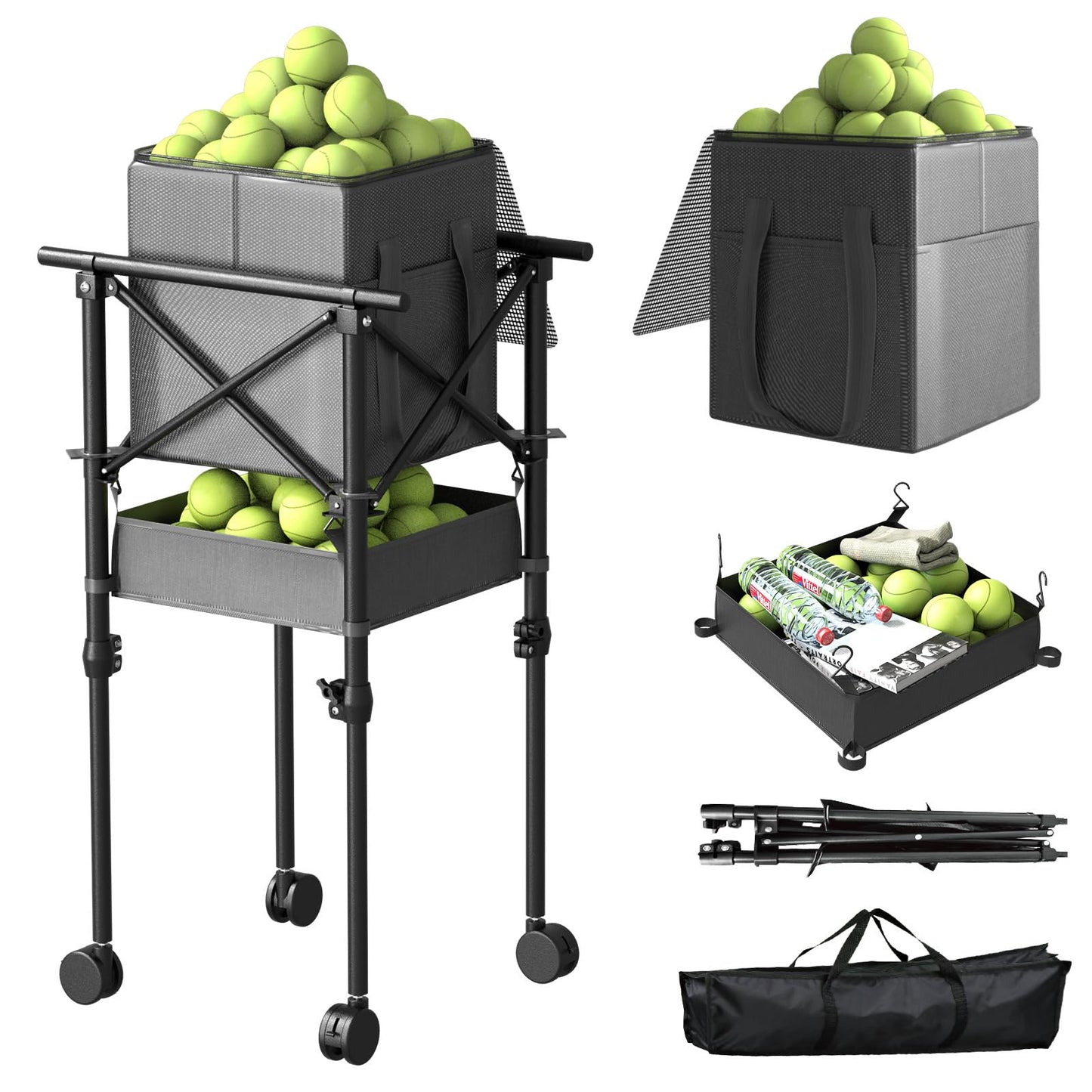 wasoyun Tennis Ball Hopper with Wheels - Height Adjustable Foldable Tennis Ball Basket with Storage Bag Ball Candy for 150 Pickleball & Tennis