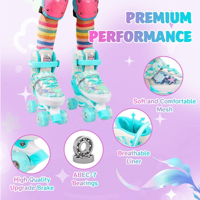 HALOSK Mermaid Roller Skates for Kids Girls Boys, 4 Size Adjustable Quad Skates with 8 Wheels Light up Fish Scale Design for Beginner Ages 3-12